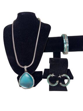 Brighton Ocean Blue Teardrop Necklace, Teal Lucite Hoop Earrings & Bangle Bracel